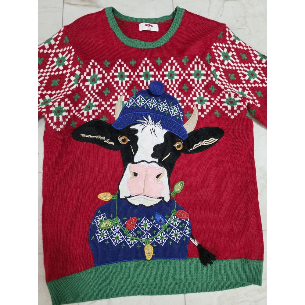 Holiday Time Ugly Christmas Cow Sweater L 42–44 3D Pom Pom - Picture 5 of 9